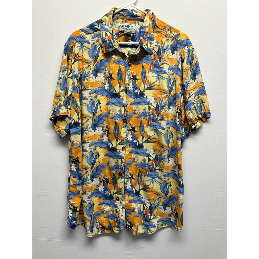 Margaritaville Yellow & Blue Tropical Print Short Sleeve Button-Down Shirt